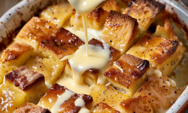 Classic Bread Pudding with Luxurious Vanilla Sauce: A Perfect Comfort Dessert